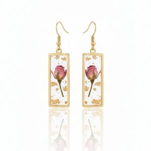 🆕️ Artisan With Real Floral & Resin Elegant Gold and Pink Rose Earrings